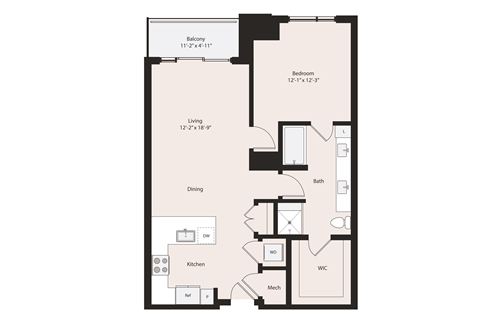 Floor plan for 1 bed, 1 bath, 872 sqft